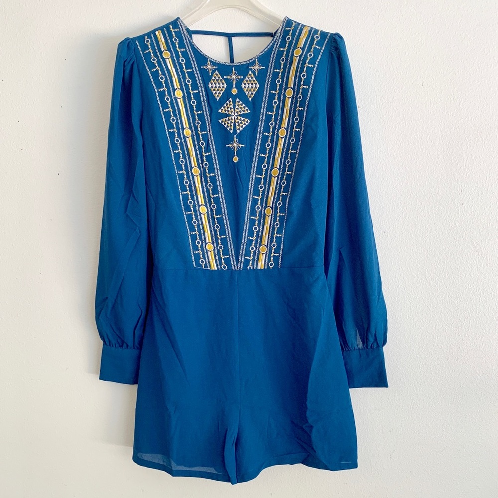 Royal blue/yellow romper -embroidered boutique